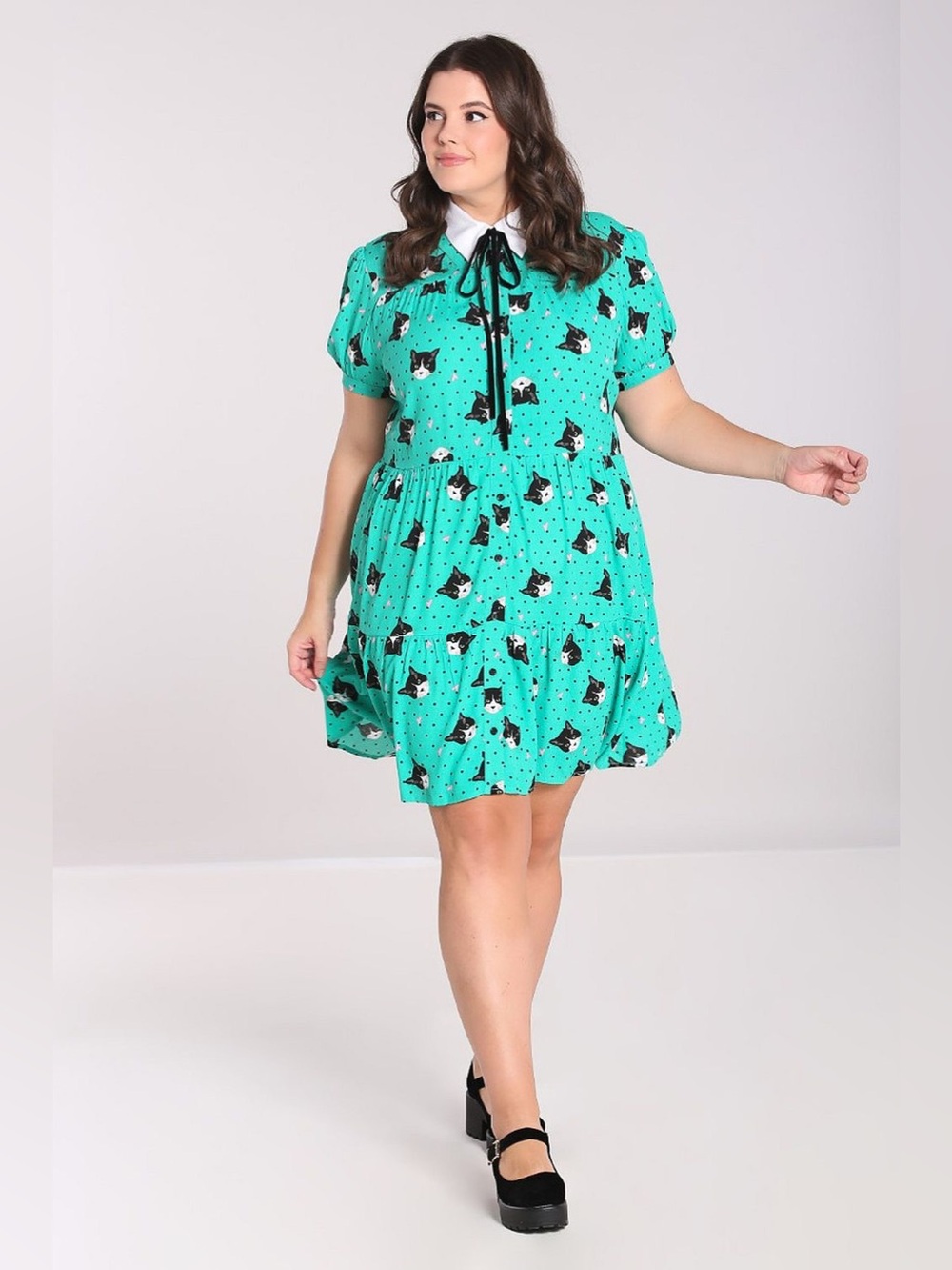 Hell Bunny Love Cat Face Lady Mini Dress White Collar Black Bow Smocked Teal 2XL